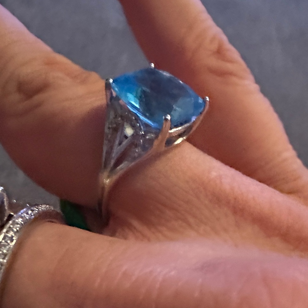 Cushion 3 karat Swiss Blue Topaz, 10K White Gold Ring.
